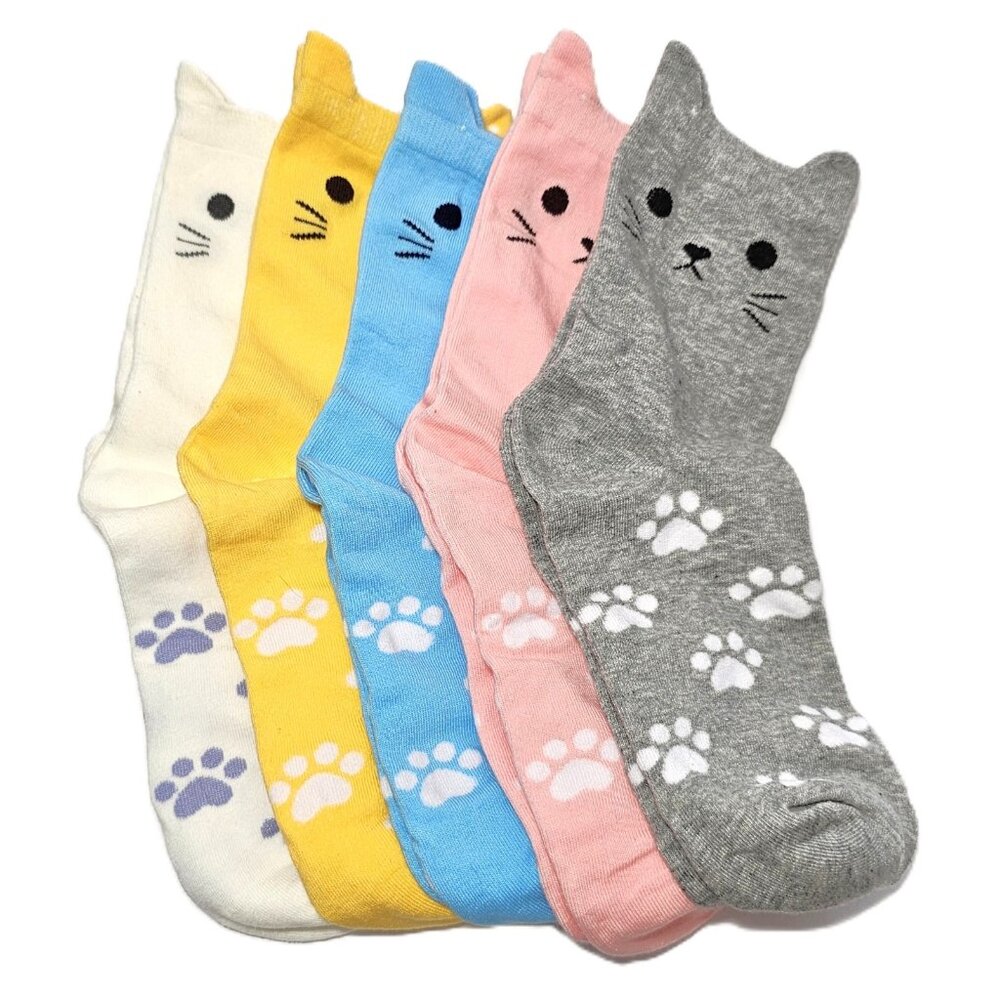 Jeasona 5 Pairs Cat Themed Face, Paws with Ears Sz 6-10 Crew Socks with Gift Tin